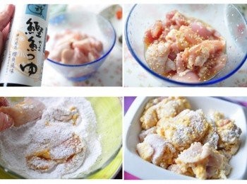 step2: 接著加入不死鹹香氣濃郁的淬釀日式和風醬油露 _ 鰹魚風味醬汁等<span class="group_2">醃料</span>調味抓捏醃製約10分中，接著再均勻沾裹地瓜粉靜置盤中讓其反潮再準備下鍋酥炸