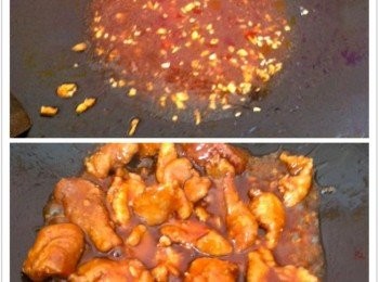 step2: 取出鍋加入適量的食油，爆香蒜蓉，然後加入所有醬汁材料，中火煮至濃稠，然後加入炸好的肉片，大火炒翻即可。