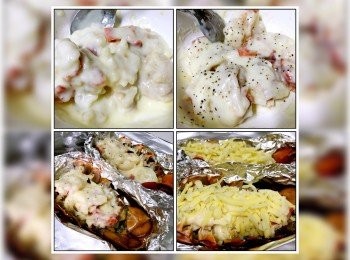 step4: 取部份白汁與龍蝦拌勻... 再下鹽和黑胡椒碎調味！
將龍蝦肉釀入龍蝦殼內... 撒上馬蘇里拉芝士絲！
蓋上錫紙... 放入已預熱焗爐230度焗10分鐘！