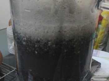 step2: 用500毫升水及1/4已炒香的芝麻，用攪拌機打爛，隔去渣。分四次做（每次500毫升水及1/4芝麻）