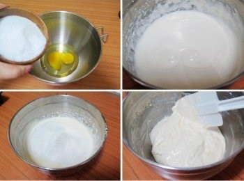 step4: 準備好打蛋用容器，加入雞蛋2個，細砂糖80g， 將全蛋打發。 判斷打發是否完成: (將打發蛋糊提起寫個8ˊ蛋糊不會沉底)， (或用牙籤豎立ˊ可以直挺豎立即表示OK) 然後加入已經過篩的低筋麵粉和無鋁泡打粉，確實但不要過度攪拌完成麵糊拌合
