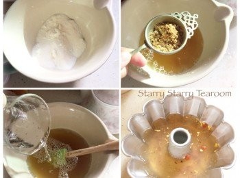 step1: 杞子用熱水泡熟瀝乾。拉絲雪燕浸泡一晚，洗去雜質，用熱水煮熟，備用。魚膠粉和砂糖混合起來，備用。

將乾桂花放進茶壺，倒入熱水，泡三分鐘，用茶隔隔開桂花，將桂花水倒進砂糖和魚膠粉中，攪拌至完全融化。

3）再將室溫水倒進桂花水中，攪勻便完成桂花溶液。可先倒第一層進模，加入杞子，放進雪櫃冷藏。