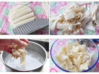 step1: 水餃變身4步驟，疊、切、煮、撈..就成了Q彈的麵片囉!