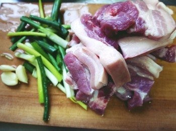 step1: 備好材料，肉片可以請肉販幫你切好片~蔥切段.蒜拍碎