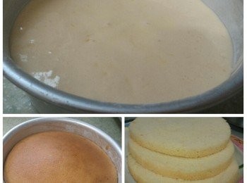 step7: 倒入蛋糕模內用170℃(已預熱)焗30分鐘。待涼後脫模切成3片(蛋糕頂部切去)。