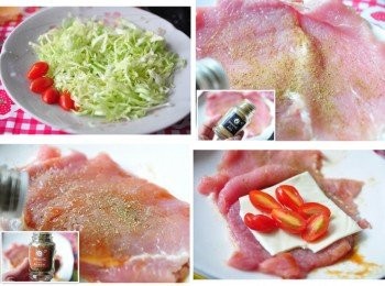 step2: 1.先將高麗菜絲與番茄擺盤 2.里肌肉片內層灑上孜然粉 3.里肌肉外層用少許油膏+義大利香料醃漬 4.最後內層中夾上起司片、番茄片