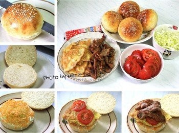 step6: 在家自製美味的《漢堡包》
好處在於內餡可以自由搭配
隨著喜好決定<span class="group_1">食材</span>

這一次，我準備了

高麗菜細絲
小蕃茄片
烘蛋片
醬燒豬肉片
佐以千島沙拉醬、胡椒粉

如此就很美味好吃了唷！