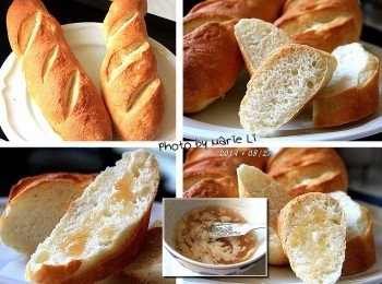 step8: 噹！

兩條外皮硬到足以拿來敲人的《法棍》出爐了
切開它的時候，就在刀子落下的那個時間點
會聽到外皮裂開來的青脆咇啵聲
在堅硬的外表之下
《法棍》可是有著軟Q的內在喔！

我將奶油放室溫軟化後
拌入些許自製的果醬
將它抹在這個無糖無油的法棍上
熱氣把奶油給融進了麵包裡
果醬的酸甜更是挑逗著食指大動，美味啊！！