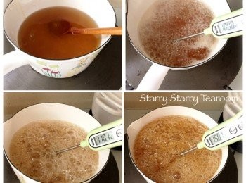 step3: 將麥芽糖、砂糖、水和鹽倒進鍋內，中火煮滾後，用小火慢慢煮至150度。