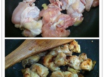 step2: 取出平底鍋加入1小匙食油，慢火煎干水分，加入1匙淡醬油慢火再煎。