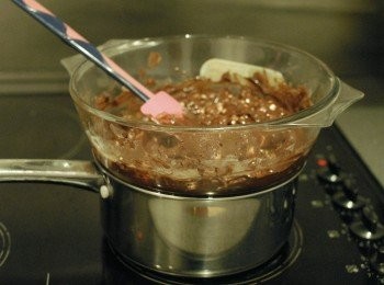 step2: 用隔水加熱法把所有材料溶化，拌勻成巧克力漿，待涼備用（在鍋內煮有沸水，然後在鍋上放上玻璃碗，水不要碰到碗底部，用蒸氣將<span class="group_1">食材</span>溶化）