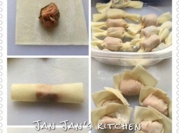 step2: 取雲吞皮開始包成所需形狀，掃上少量蛋白收口。