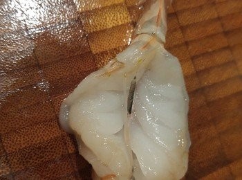 step3: 蝦先去殼留尾,保留兩隻帶蝦頭,切雙飛後挑腸備用。