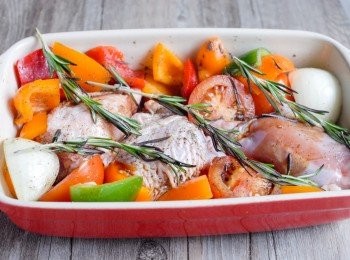 step1: 將所有蔬菜切小塊，下雞肉和蔬菜在烤盤內，下橄欖油，鹽，黑胡椒粉，迷迭香（或其他香草）拌勻