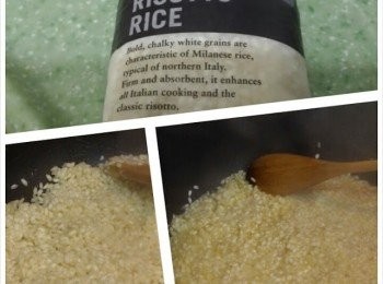 step4: 下另一半牛油把蒜蓉炒香，下意大利米炒勻再灒酒(意大利米不需清洗)。加入一湯勺的熱雞湯用慢火煮，需不時翻炒，避免米黏底。直至米吸收所有雞湯就再加雞湯，重覆此步驟至個人喜歡的軟硬程度。(意大利飯是外軟內韌，裏面還有少許生。如需完全熟透需增加雞湯的份量及煮約30分鐘。)