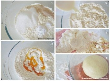 step2: ［制作面团］ 1）将面粉过筛后，混合糖，盐，苏打粉和速發酵母粉。 2）倒入溶化奶油到混合好的面粉中，再搅拌至松散即可 3）慢慢加入豆浆，拌匀。 4）加入湯種，再次混合与搓揉成面团。 5）盖上保鲜膜，让面团静置发酵大约1小时或双倍大的体积。