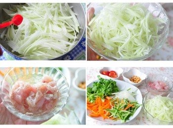 step1: 先將木瓜刨成細絲，再加入3小匙鹽巴抓捏靜置約20分鐘待出水，接著將水分抓乾，另外里肌以香料、香油醃製，其他備料也刨成細絲、切片、切段備用