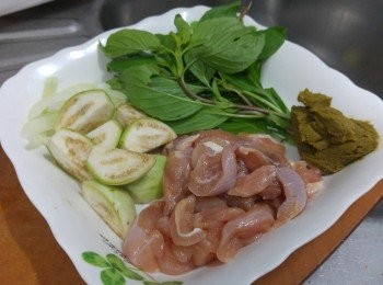 step1: 雞肉去皮切成小塊， 用鹽醃最少半小時
（如方便放工後做， 可早一晚醃定）， 泰國茄子切開， 金不換剪成段