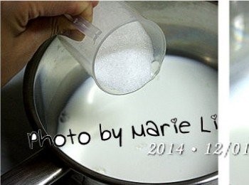 step6: 把鮮奶倒入小鍋中、混進細砂糖
一起放瓦斯爐上小火煮至糖完全溶解即可離火

將牛奶液放至稍涼後再使用。