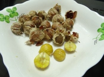 step1: 栗子去殼，放入微波爐叮1.5分鐘或至皮乾身拿出剝去外皮