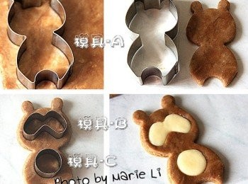 step8: 先用《模具-A》在兩個顏色的麵糰上
各壓出一個浣熊的全身形狀

接著用《模具-B》在
先前壓出來的浣熊身形中
壓出浣熊的臉蛋
用《模具-C》壓出浣熊的肚子來

相同的方式，以蛋液為黏著劑
將臉和肚子分別黏合在不同顏色的身體上‧‧‧