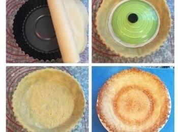 step4: 冰箱取出派皮,去除保鮮膜,略微壓桿均勻,用桿面棍取起派皮放入模具中,其間如有破洞可取多餘的麵糰壓補即可.派皮弄好後在派皮上用叉子叉些小洞透氣避免烘烤時膨脹,接著放入冷藏並預熱烤箱到170度,從冰箱取出派皮墊入一張烘培紙再放上重物或烘培豆,進烤箱烤15分鐘後取出,移開重物,刷上蛋白液,再烤10分鐘即可