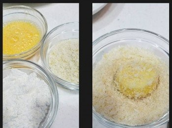 step2: 順次序蘸上 （1） 麵粉（2）雞蛋（3）麵包糠