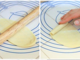 step12: 將包好的麵糰稍微壓一下桿成橢圓形薄片，光滑面在下，由短向捲起，收口朝下，蓋上保鮮膜讓麵糰休息15分鐘。