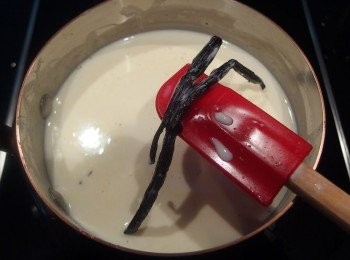 step6: 當<span class="group_3">草莓奶酪</span>完成定型後,開始製作<span class="group_4">香草奶酪</span>:同樣將鮮奶及鮮奶油和糖,以及香草豆莢及籽都倒入鍋裡稍加攪拌,用小火煮至鍋子邊緣開始產生細小泡泡時(溫度約達到80-82度c),代表快沸騰時即可熄火。