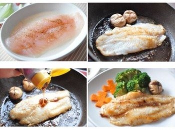 step3: 再取出以少許香油、原味胡椒鹽醃製的多利魚片與洋菇，放入用原鍋兩面香煎，最後再加上現成的磨菇醬料起鍋擺盤