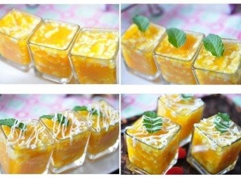 step4: 倒入器皿中待涼後會凝固結成凍，放入冰箱冷藏約30分中後，取出加上薄荷葉裝飾，擠出適量的【桂冠沙拉Light】，冰涼可口的涼拌料理完成囉!