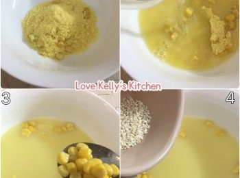 step2: 先用水開粟米湯包，加入粟米粒和芝麻撈均；