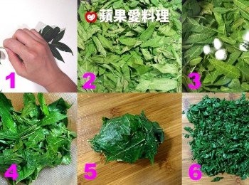 step2: 處理香椿葉：(1)將香椿葉取下後洗淨。(2)汆燙30秒。(3)迅速放到冰塊水中降溫。(4)撈起，瀝乾水份。(5)用雙手將水份擰乾。(6)剁碎。
