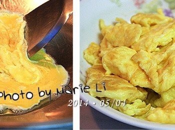 step2: 先燒乾鍋裡的水氣，中火加熱至油微溫
倒入雞蛋拌炒至蛋液收合凝結
不需炒至焦黃，起鍋裝盤備用‧‧‧