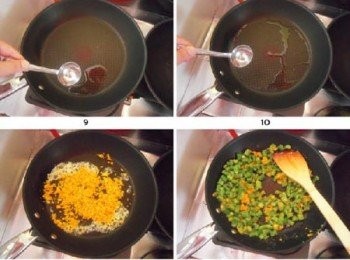 step6: 油熱後轉小火，倒入鹹蛋黃碎末，不斷地翻炒。待鹹蛋黃冒起均勻的泡泡時，倒入炸好的豆角丁。迅速地翻炒幾下，使鹹蛋黃包裹均勻後即可關火、盛盤。