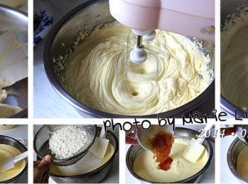 step3: 已回溫軟化的奶油乳酪倒進工作鋼盆中
加進細砂糖攪打成乳霜狀

然後依序加進《蛋黃》→拌勻→《鮮奶油》→拌勻
《低筋麵粉》→拌勻→《柚子醬》→拌勻→《液狀奶油》→拌勻
每加進一項<span class="group_1">食材</span>要先用刮刀以切拌方式拌勻後再加下一項<span class="group_1">食材</span>
最後會拌成一鍋綢密的麵糊，先放一旁備用。