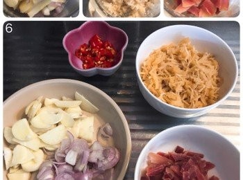 step3: 金華火腿、蒜頭、紅蒽頭和指天椒切粒，用攪拌機打碎備用；