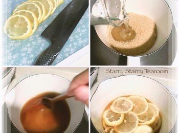 step1: 將檸檬切薄片，備用。將砂糖和清水倒進鍋內，開中火將砂糖煮溶。煮時可輕輕攪拌，煮滾後則不要再搞。加入檸檬片，煮大約30分鐘，直至檸檬皮白色的部分轉色便可。