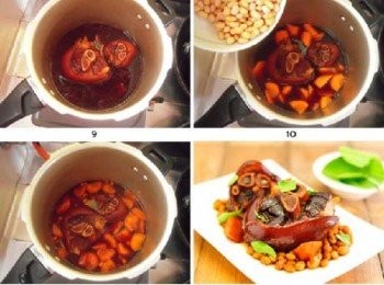 step6: 盛盤，將黃豆和胡蘿蔔塊鋪在盤子上，然後擺上肘子即可。