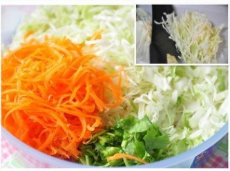 step1: 備料:紅蘿蔔刨絲、香菜切碎小段；高麗菜清洗乾淨後，葉片堆疊，再由菜刀沿著邊緣切細絲即可