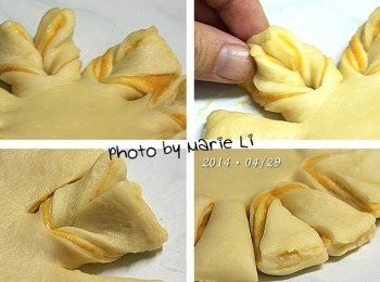 step7: 從十六份的花邊中抓出相鄰的兩份來
一個左、一個右分別往反方向轉一圈半
再將尾部相捏合成為一片花瓣的樣子
以此類推，一共可做出八片花瓣來