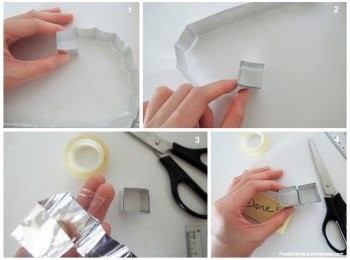 step3: 将已经折叠的铝箔条形成方格状，在四个角的边缘用胶带粘起。完成～