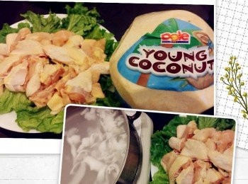 step1: 材料:正宗做法三個椰青.我改良左用一個椰青
另加兩樽100%椰青水。
雞半隻斬件

做法: 倒出新鮮和樽裝椰青水,再挖出椰青肉同煲,大滾後落雞煲五分鐘熄火, 先品嘗雞湯後食雞。