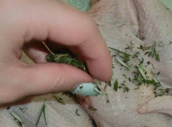 step1: 把雞洗淨後，用紙巾印乾。
將迷迭香及百里香切碎，均勻灑上。
