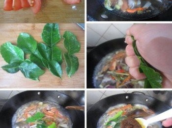 step1: 香茅，南姜，乾辣椒，蒜頭，洋蔥切碎，油鍋爆香。加入清水煮開，倒入西紅柿塊，箭葉橙葉揉幾下，酸角去殼，放入湯裡一起煮。加入辣椒膏，蝦膏，魚露調味。加入豆腐，蘑菇這類禁煮的菜煮開。