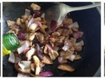 step3: 下洋蔥和香菇翻炒出香味，烹入少許料酒，加適量生抽和老抽調色調味。