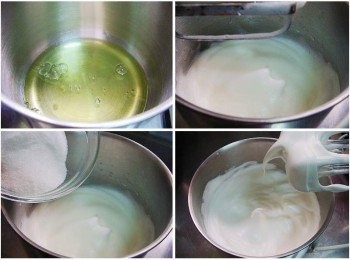 step6: 取出冷藏的蛋白ˊ加入檸檬汁或鹽ˊ先快速打出粗泡ˊ
 接著分2~3次加入細砂糖ˊ將蛋白霜打至濕性發泡ˊ 
(如照片右下角狀況ˊ彎角略下垂即可)