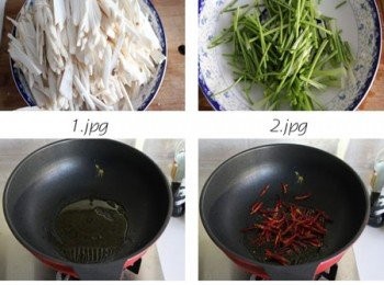 step1: 杏鮑菇切絲。香菜去葉切段。鍋內放油，燒5成熱。放入辣椒絲煸炒。