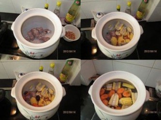 step3: 鍋裡放入豬骨，再加入玉米、南北杏，最後加入胡蘿蔔、薑片、蜜棗和3000ml的水。