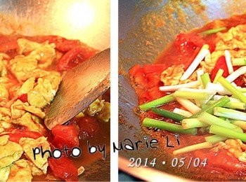 step4: 將先前已微炒過的雞蛋倒入鍋中和蕃茄一起拌炒入味
加進蔥段再悶一下就算完成了‧‧‧